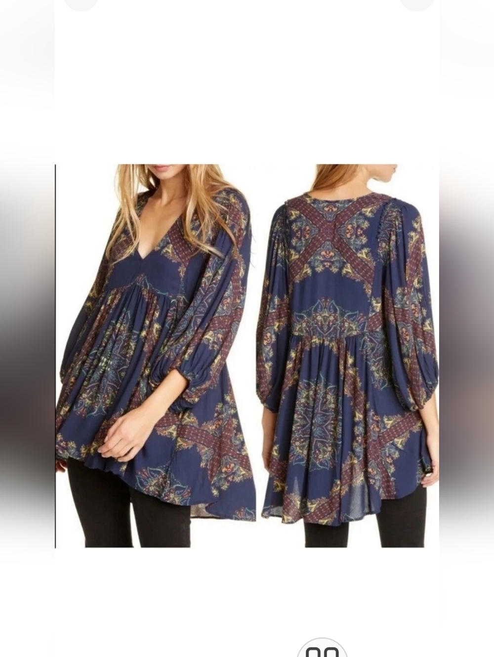Free People Girl Talk V-Neck Tunic Top Balloon Sleeve Pockets Paisley Size S